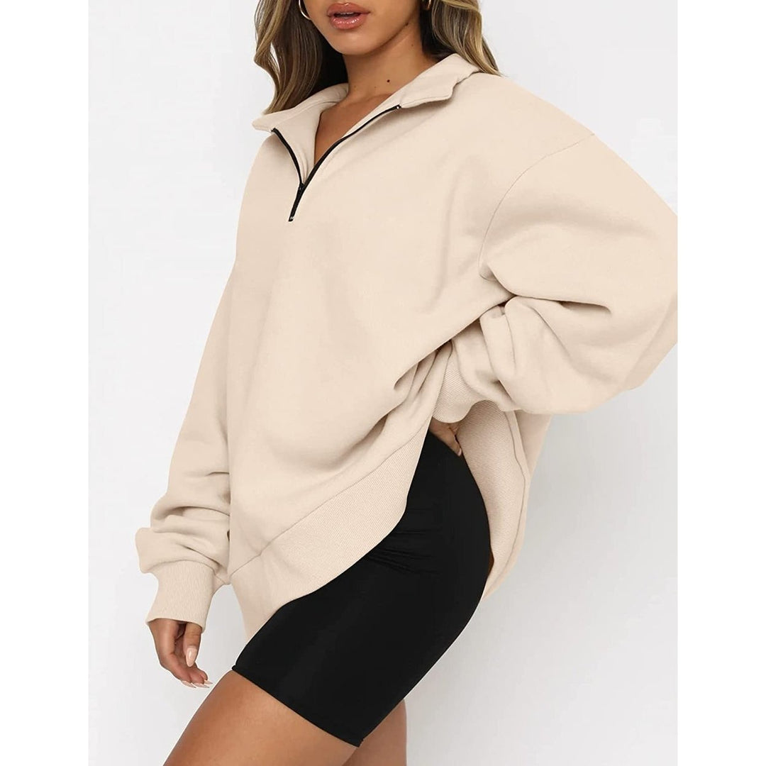 Womens Oversized Half Zip Pullover Long Sleeve Sweatshirt Image 2