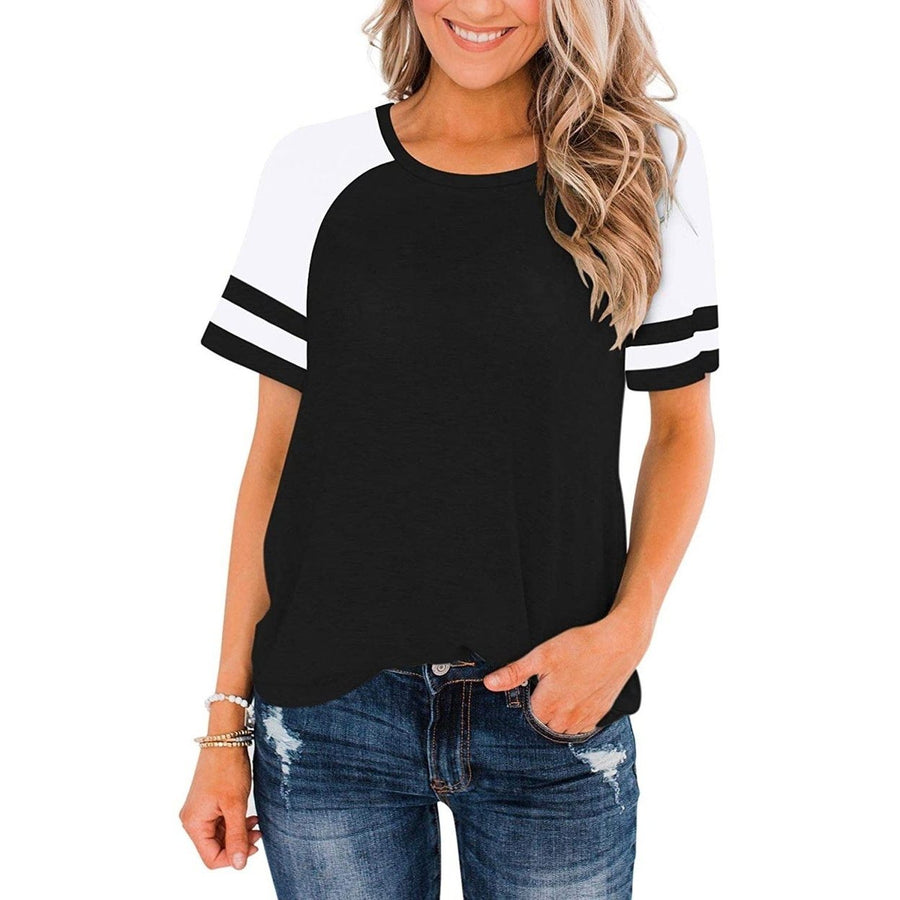 Womens Short Sleeve Shirts Crew Neck Color Block Image 1