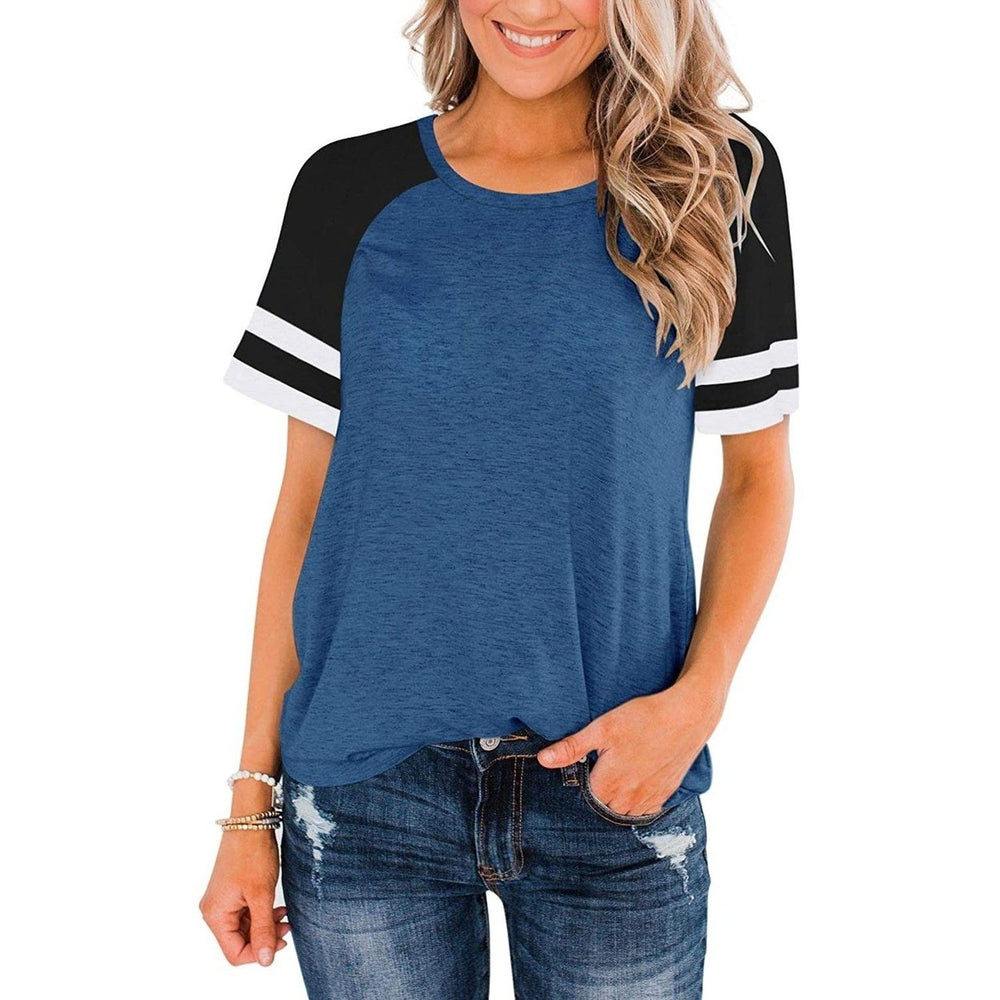 Womens Short Sleeve Shirts Crew Neck Color Block Image 2