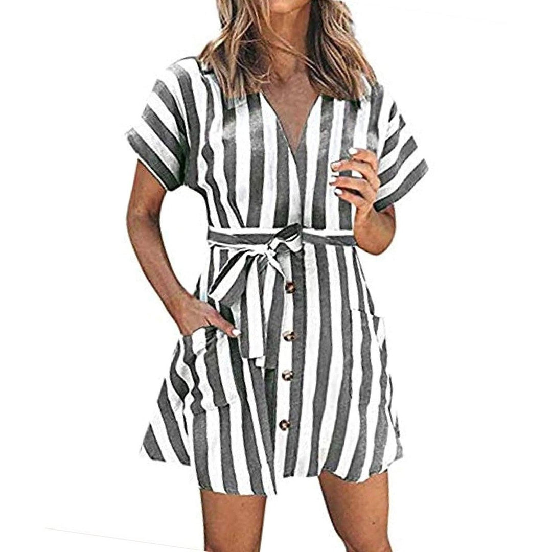 Womens Stripe Short Sleeve Wrap V Neck Button Front Tie Belted Dress Image 1