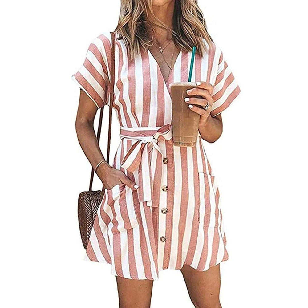 Womens Stripe Short Sleeve Wrap V Neck Button Front Tie Belted Dress Image 2