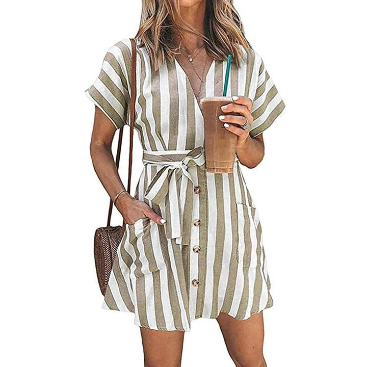 Womens Stripe Short Sleeve Wrap V Neck Button Front Tie Belted Dress Image 3