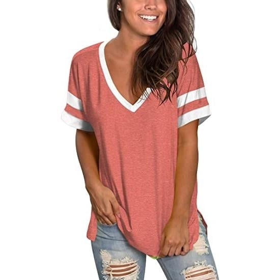 Womens Tops Striped Short Sleeve V Neck Tee T Shirts Image 1