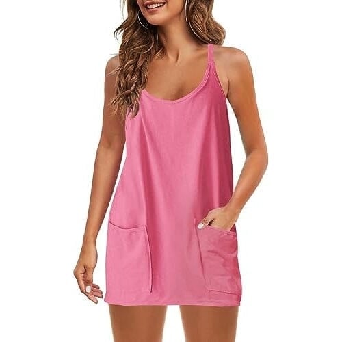 Womens Summer Sleeveless Mini Dress V Neck Spaghetti Strap with Pockets Image 1