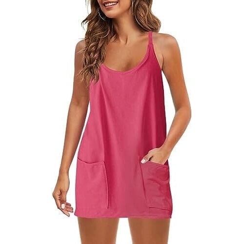 Womens Summer Sleeveless Mini Dress V Neck Spaghetti Strap with Pockets Image 1