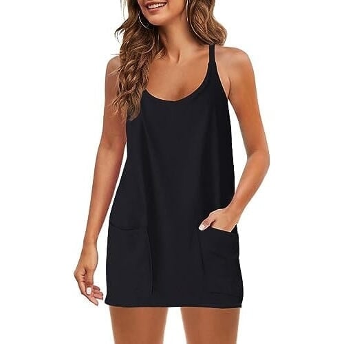 Womens Summer Sleeveless Mini Dress V Neck Spaghetti Strap with Pockets Image 8