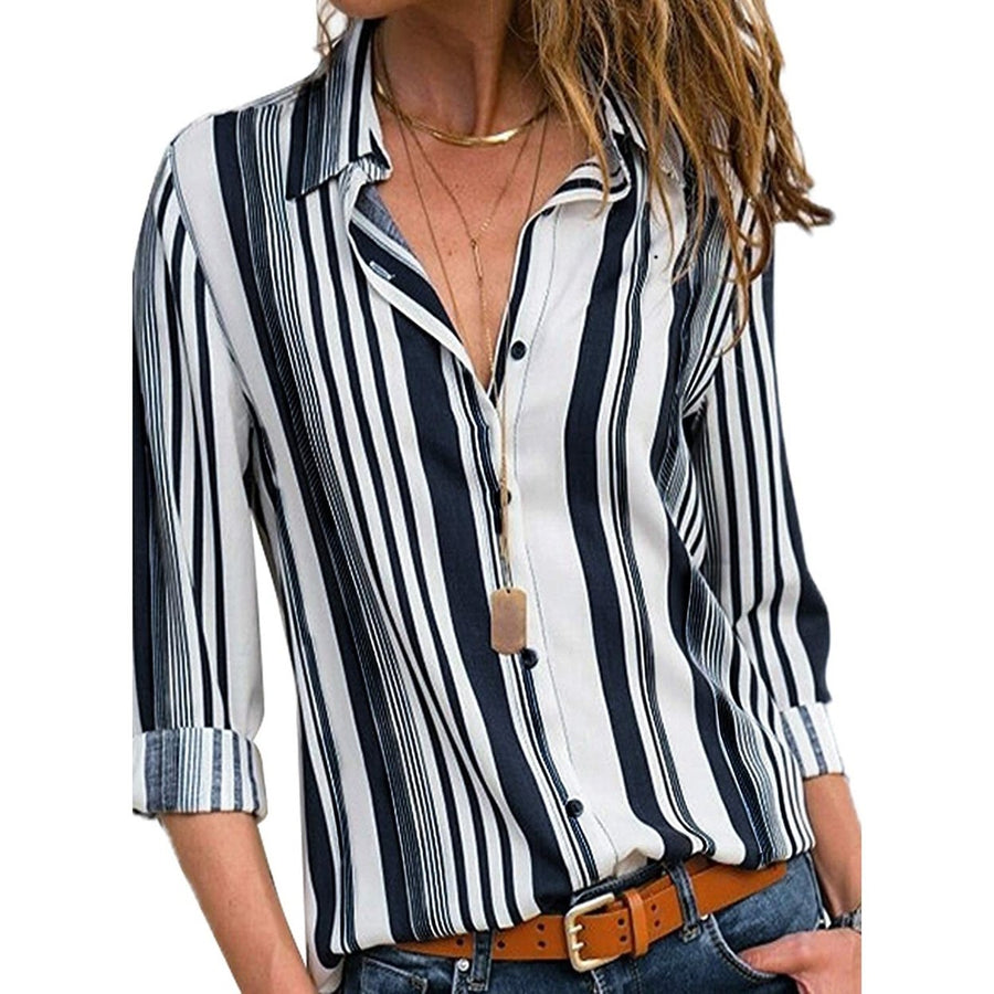 Womens V Neck Striped Roll up Sleeve Button Down Blouses Top Image 1