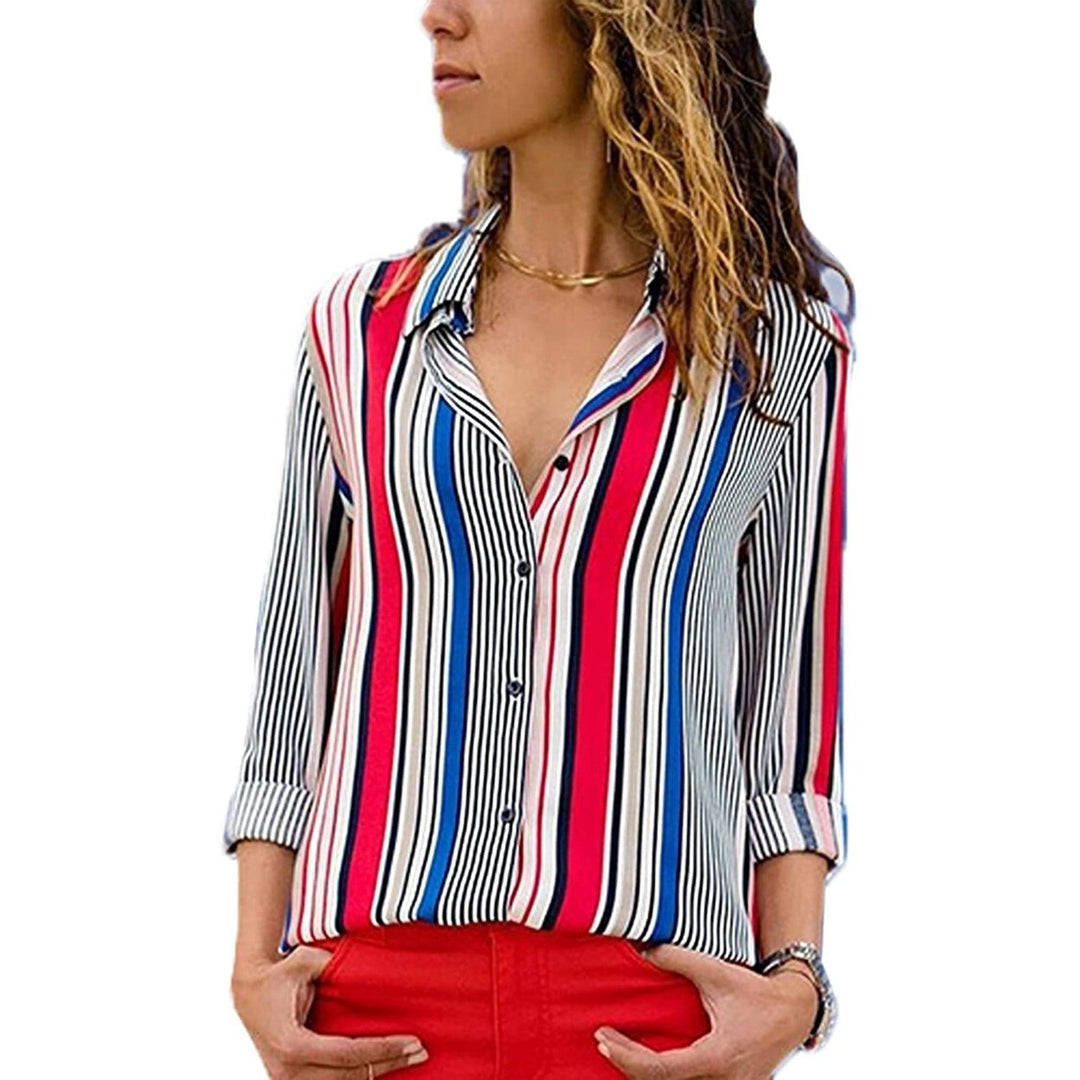 Womens V Neck Striped Roll up Sleeve Button Down Blouses Top Image 2