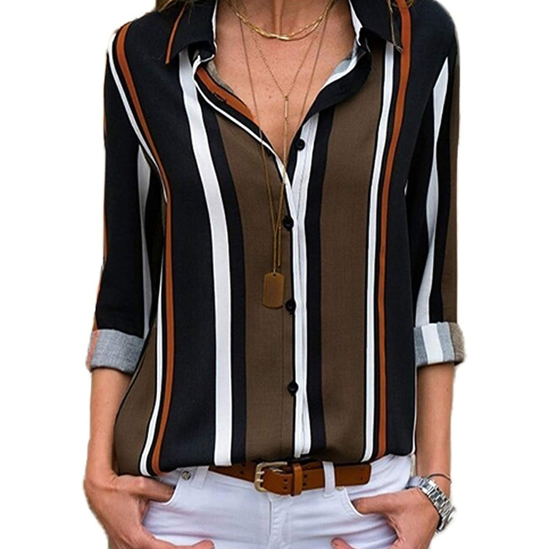 Womens V Neck Striped Roll up Sleeve Button Down Blouses Top Image 3