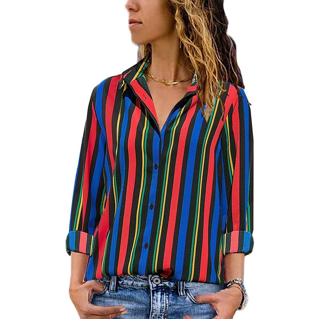 Womens V Neck Striped Roll up Sleeve Button Down Blouses Top Image 4