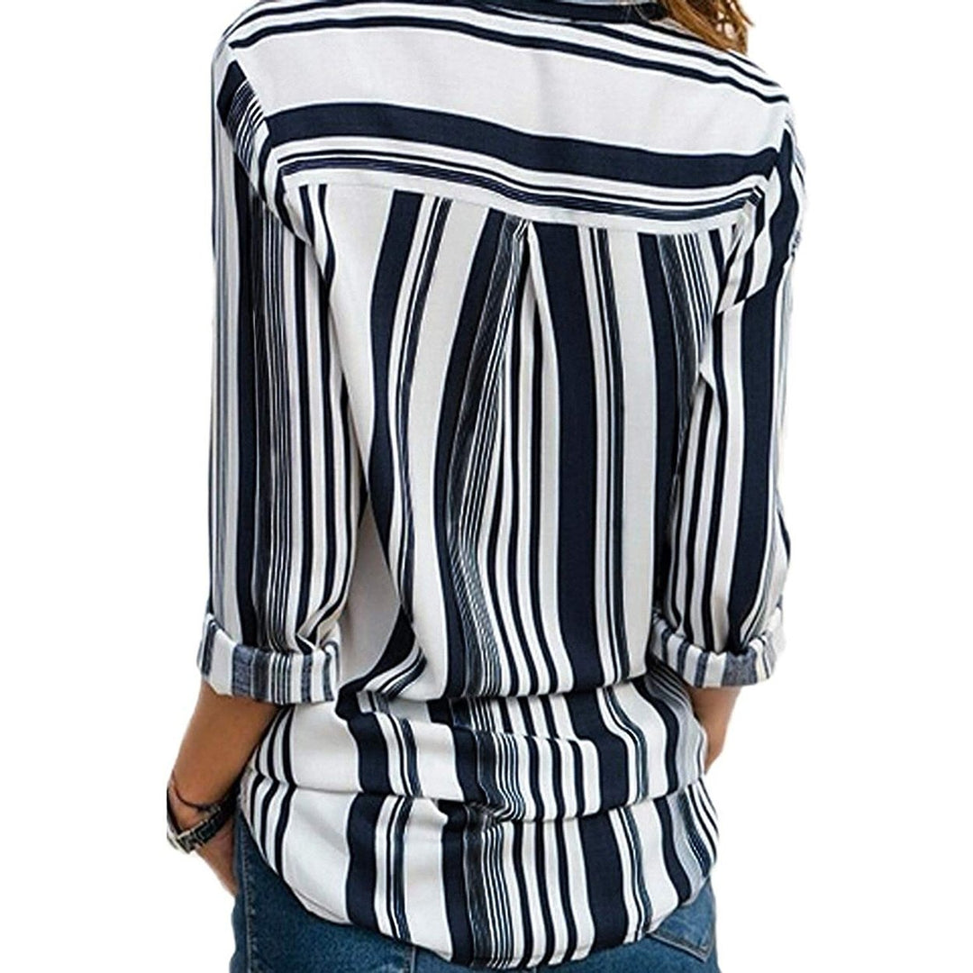 Womens V Neck Striped Roll up Sleeve Button Down Blouses Top Image 4