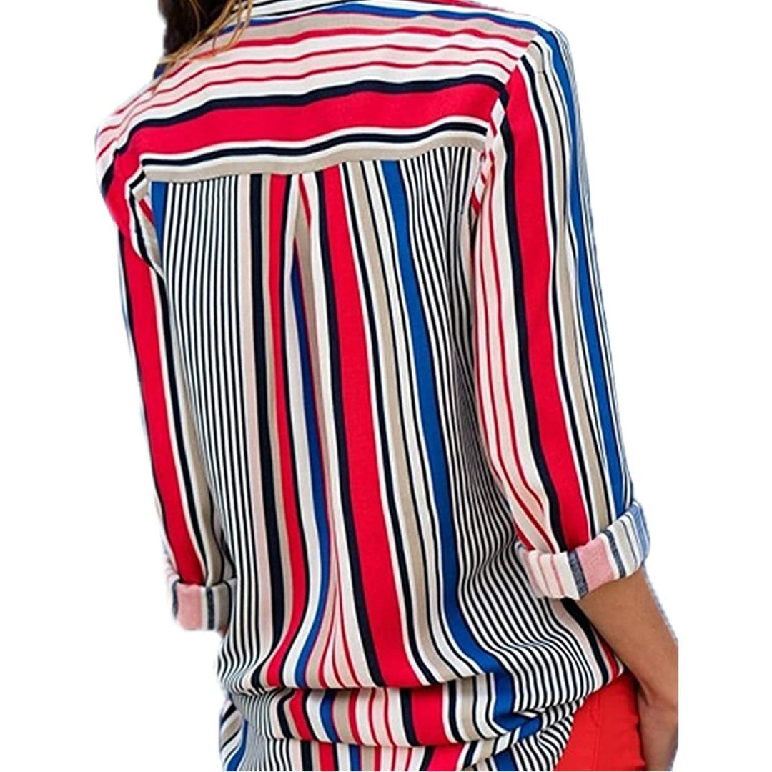 Womens V Neck Striped Roll up Sleeve Button Down Blouses Top Image 8