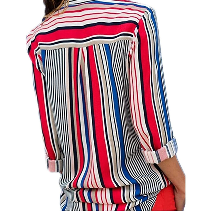 Womens V Neck Striped Roll up Sleeve Button Down Blouses Top Image 8