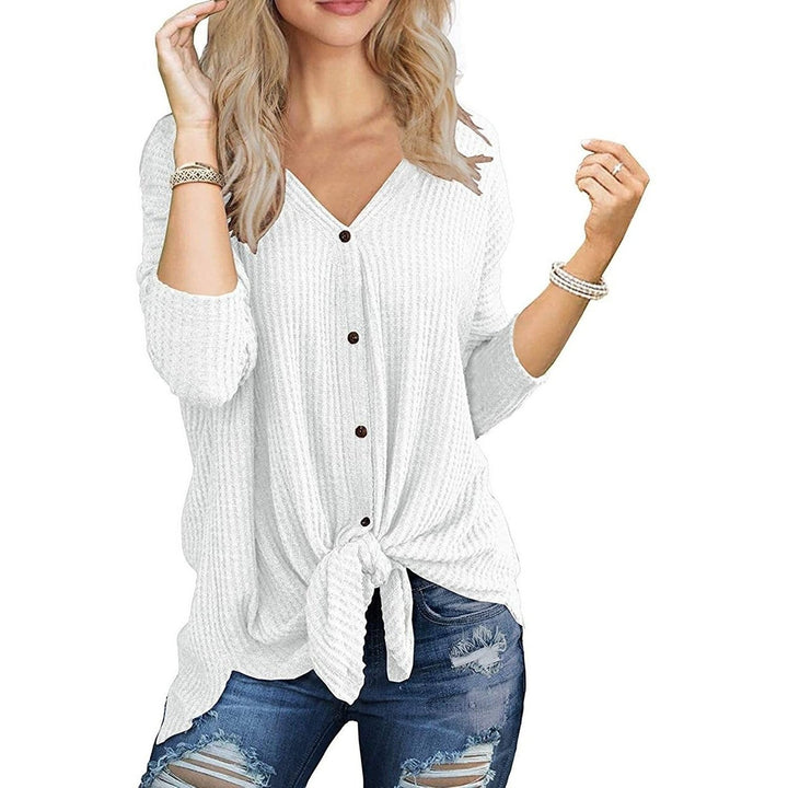 Womens Waffle Knit Tunic Blouse Tie Knot Henley Tops Image 1