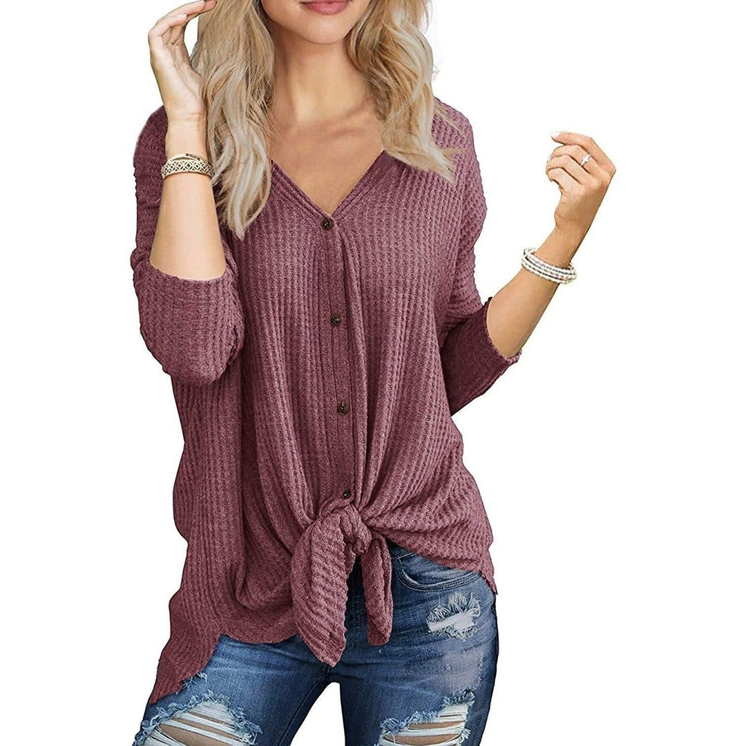 Womens Waffle Knit Tunic Blouse Tie Knot Henley Tops Image 4