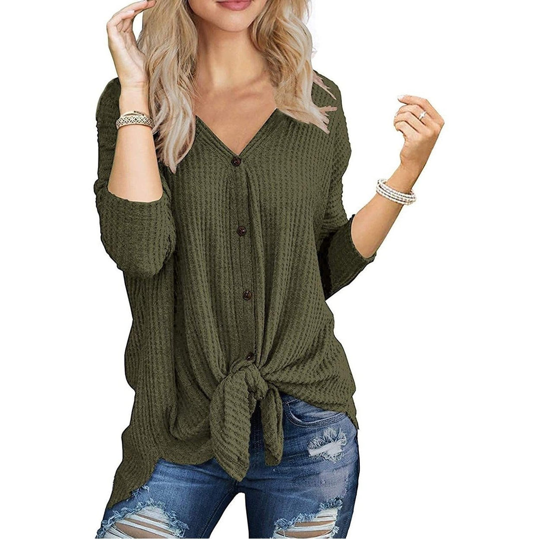 Womens Waffle Knit Tunic Blouse Tie Knot Henley Tops Image 1