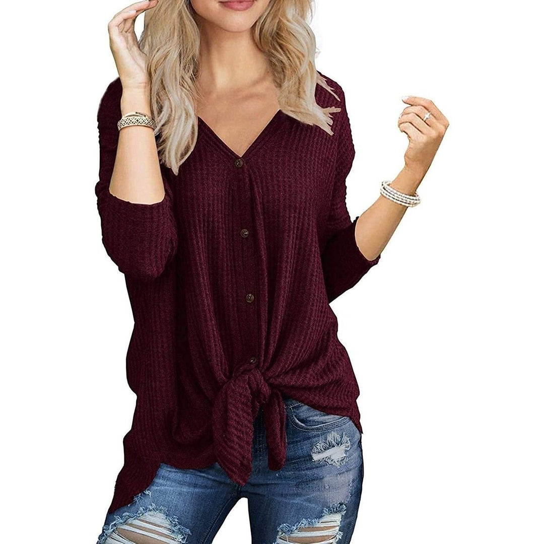 Womens Waffle Knit Tunic Blouse Tie Knot Henley Tops Image 1