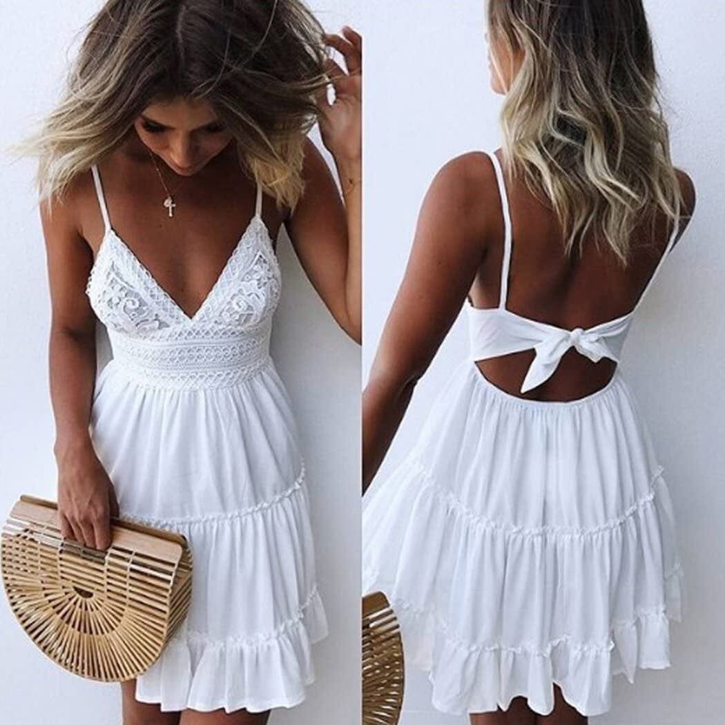 Womens V-Neck Spaghetti Strap Bowknot Backless Sleeveless Lace Mini Swing Skater Dress Image 8