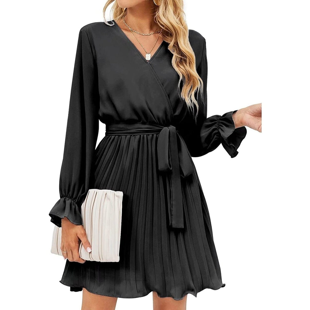 Womens Wrap V Neck Pleated Long Sleeve Mini Dresses Image 1