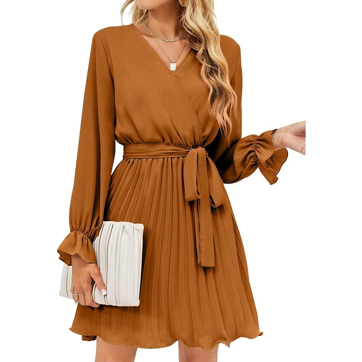 Womens Wrap V Neck Pleated Long Sleeve Mini Dresses Image 2