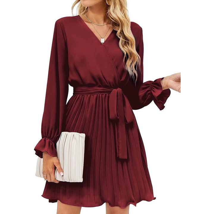 Womens Wrap V Neck Pleated Long Sleeve Mini Dresses Image 3