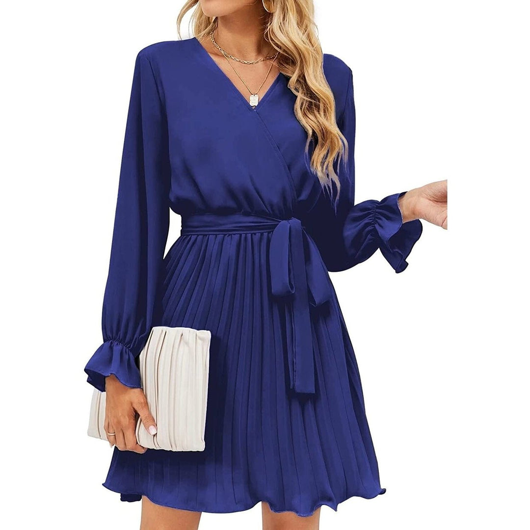 Womens Wrap V Neck Pleated Long Sleeve Mini Dresses Image 4