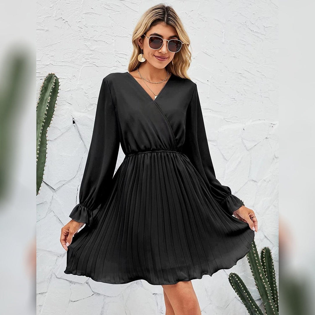 Womens Wrap V Neck Pleated Long Sleeve Mini Dresses Image 4