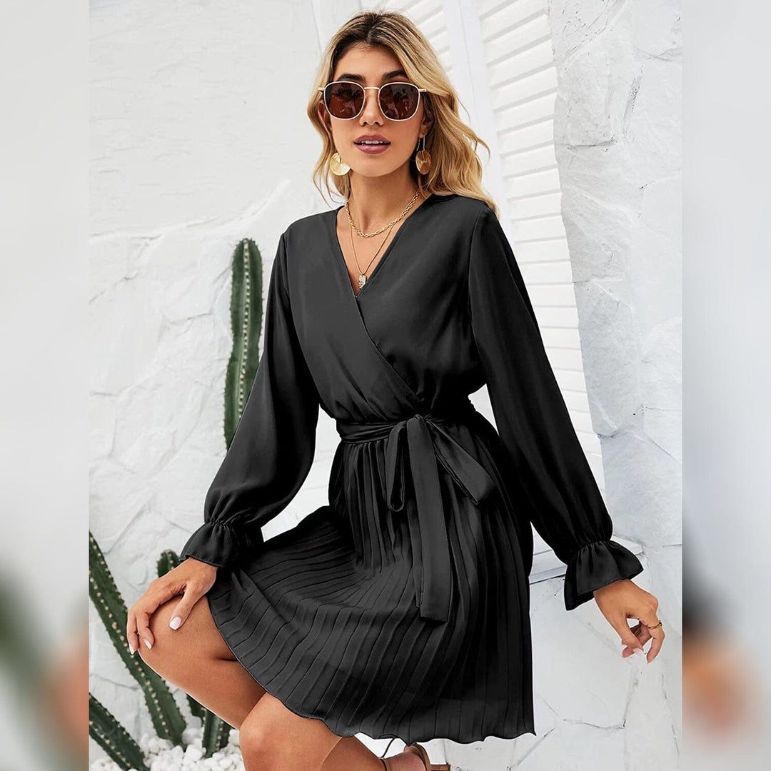 Womens Wrap V Neck Pleated Long Sleeve Mini Dresses Image 7