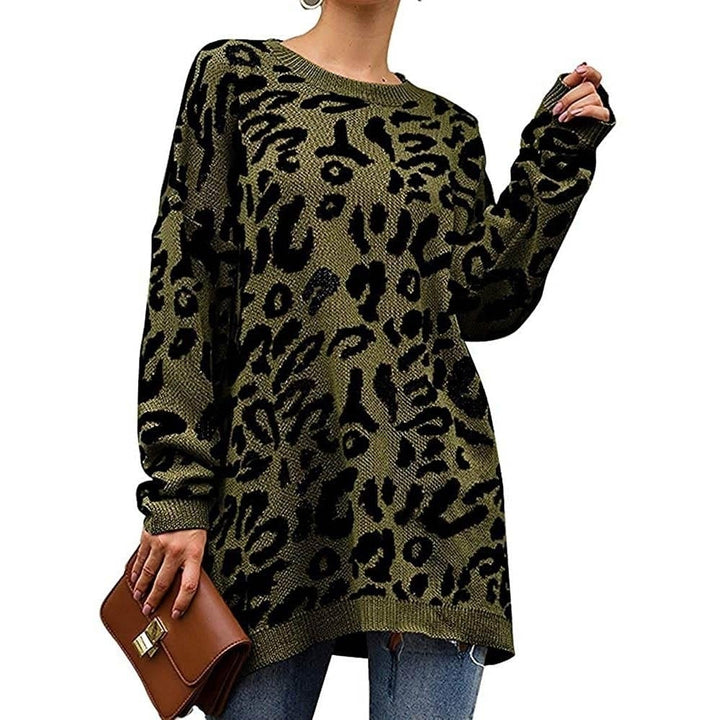 Women s Casual Leopard Print Long Sleeve Crew Neck Knitted Oversized Pullover Sweaters Tops Image 1