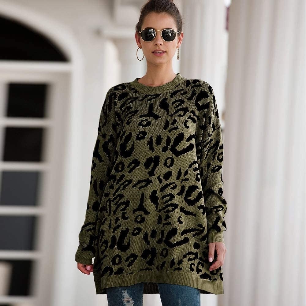 Women s Casual Leopard Print Long Sleeve Crew Neck Knitted Oversized Pullover Sweaters Tops Image 2