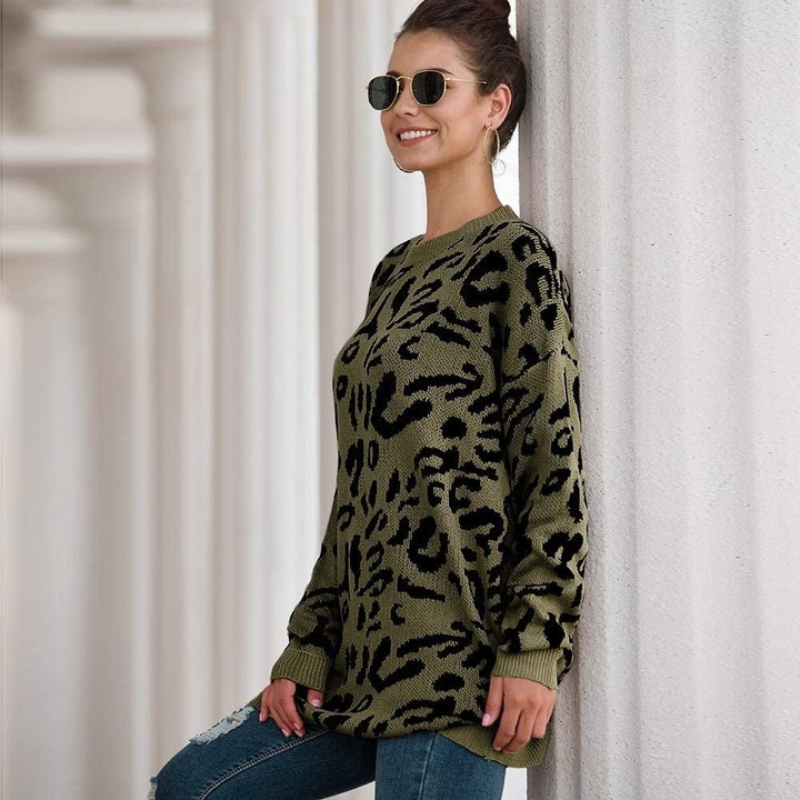 Women s Casual Leopard Print Long Sleeve Crew Neck Knitted Oversized Pullover Sweaters Tops Image 3