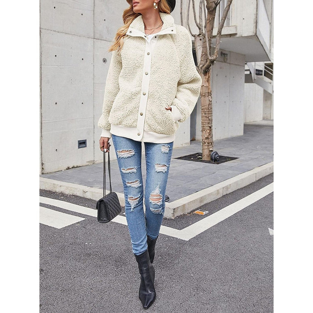 Womens Winter Sherpa Fleece Button Jacket Coat Image 7