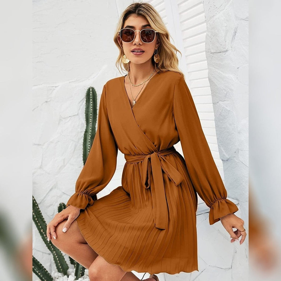 Womens Wrap V Neck Pleated Long Sleeve Mini Dresses Image 10