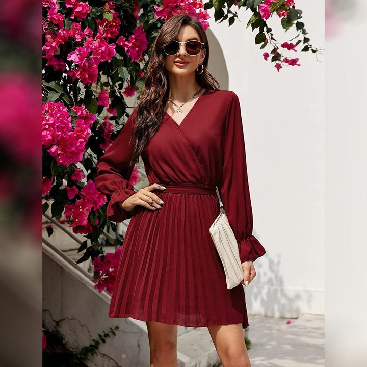 Womens Wrap V Neck Pleated Long Sleeve Mini Dresses Image 11