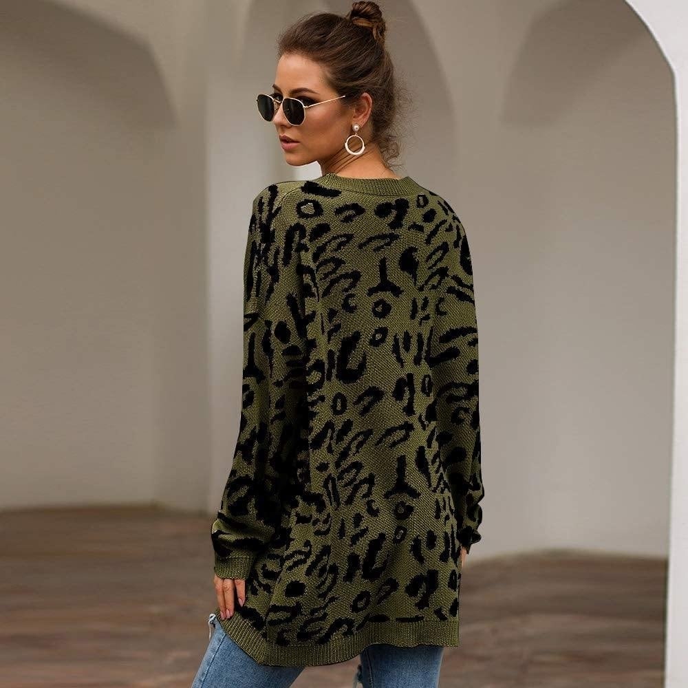 Women s Casual Leopard Print Long Sleeve Crew Neck Knitted Oversized Pullover Sweaters Tops Image 4