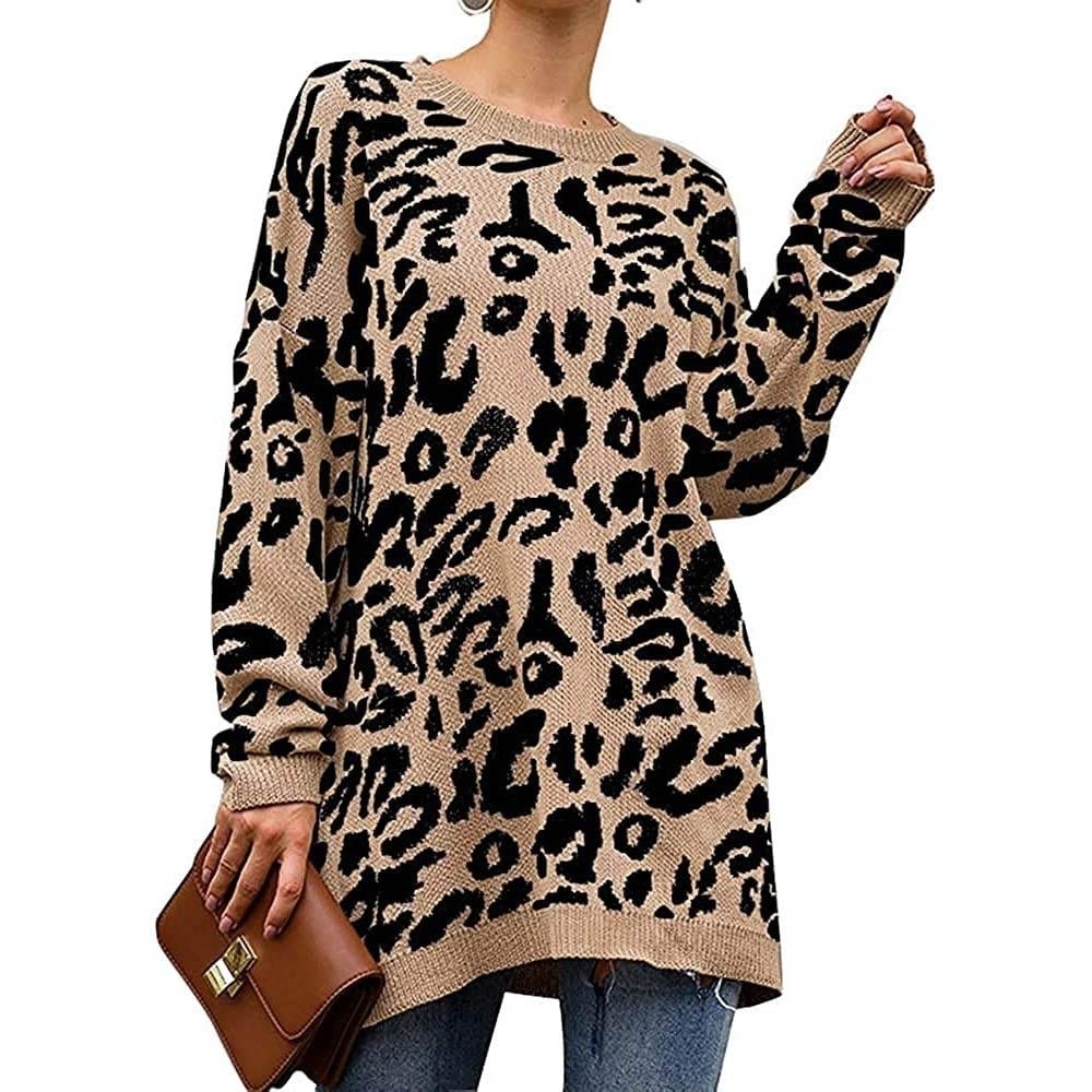 Women s Casual Leopard Print Long Sleeve Crew Neck Knitted Oversized Pullover Sweaters Tops Image 4