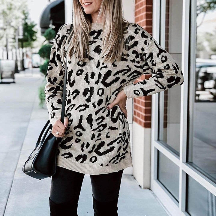 Women s Casual Leopard Print Long Sleeve Crew Neck Knitted Oversized Pullover Sweaters Tops Image 7