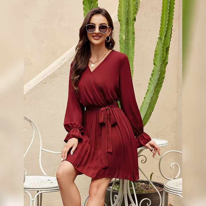 Womens Wrap V Neck Pleated Long Sleeve Mini Dresses Image 12