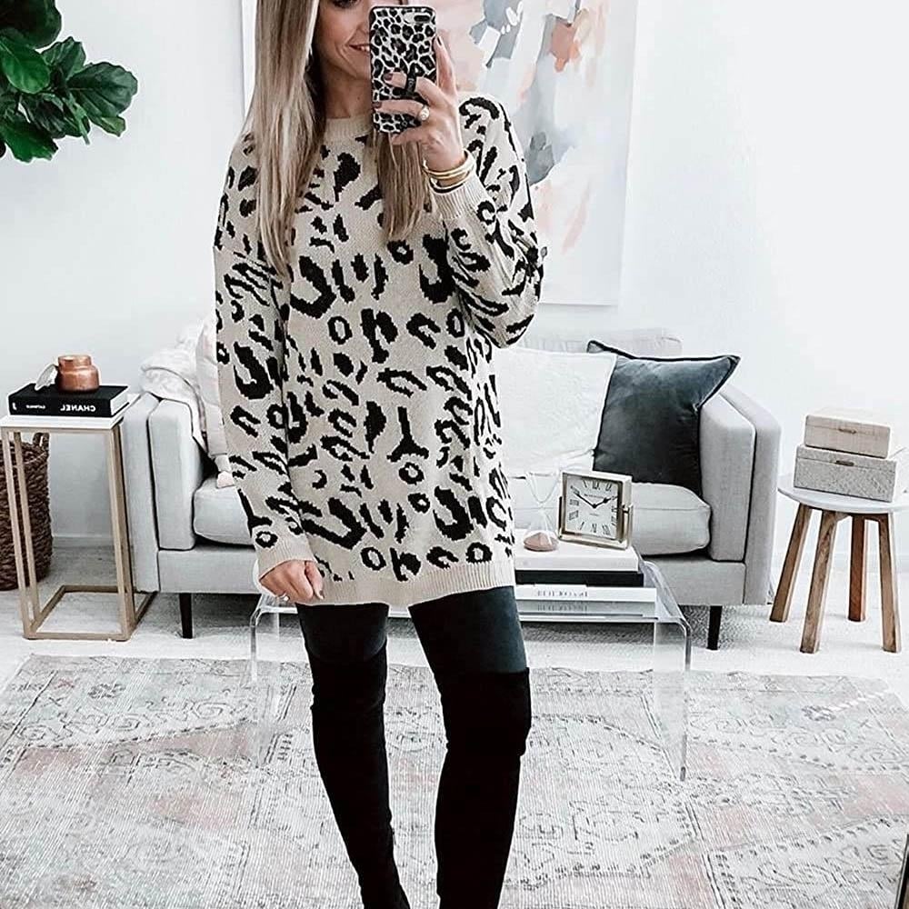 Women s Casual Leopard Print Long Sleeve Crew Neck Knitted Oversized Pullover Sweaters Tops Image 8