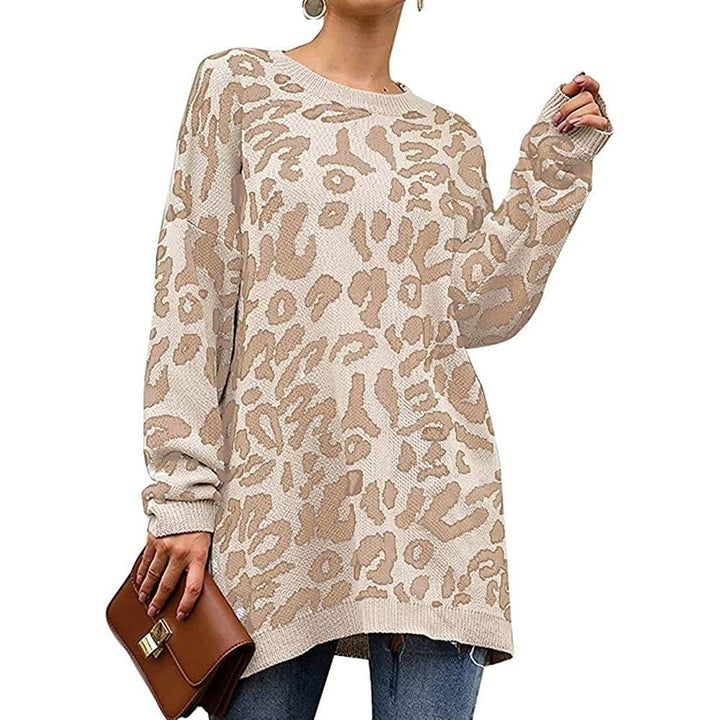 Women s Casual Leopard Print Long Sleeve Crew Neck Knitted Oversized Pullover Sweaters Tops Image 9