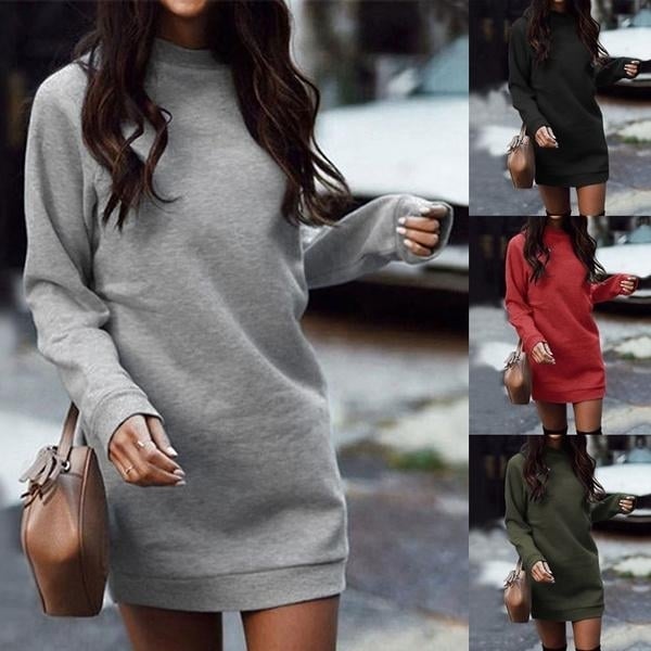 Women s Fashion Solid Color Round Neck Cotton Pullover Dress Image 1