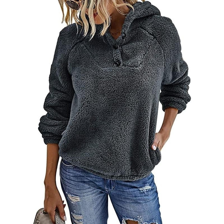 Women s Fleece Long Sleeves Shaggy Fuzzy Pullover Hoodie Image 1