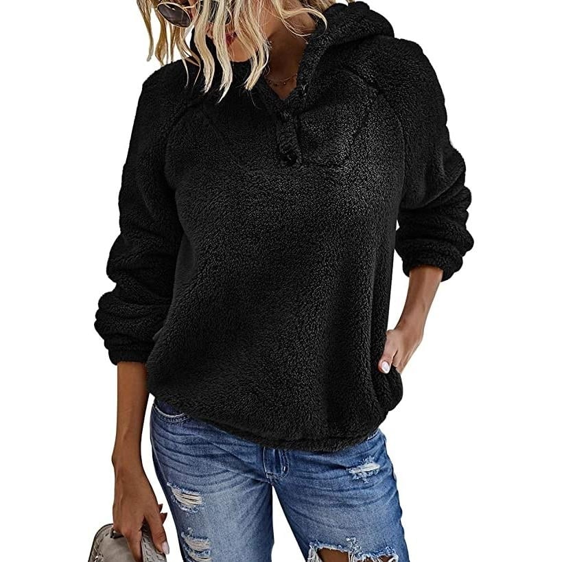 Women s Fleece Long Sleeves Shaggy Fuzzy Pullover Hoodie Image 2