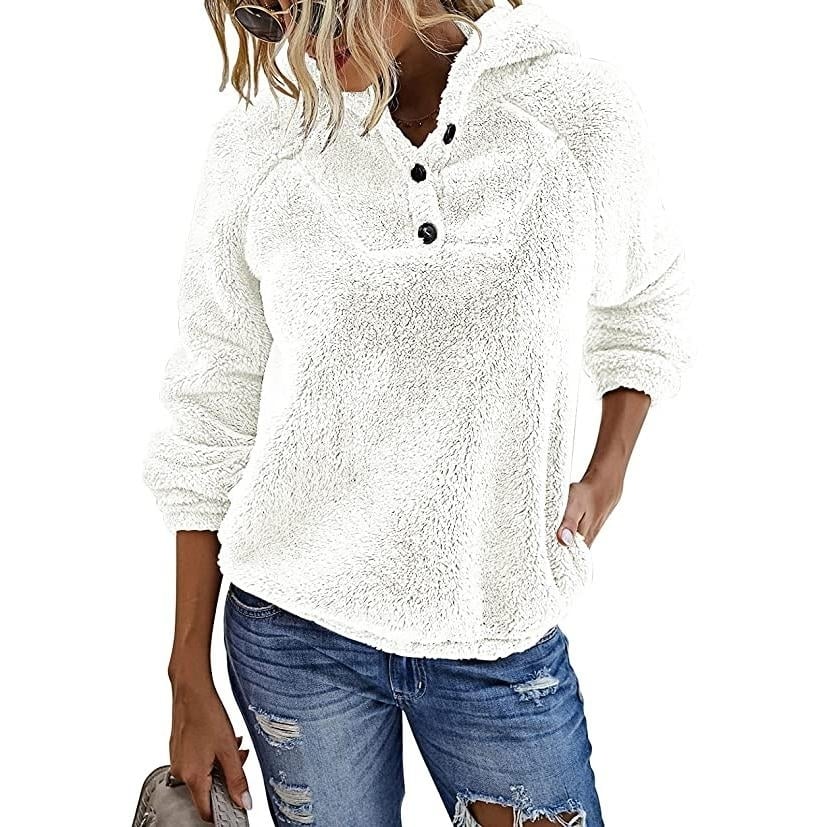 Women s Fleece Long Sleeves Shaggy Fuzzy Pullover Hoodie Image 3