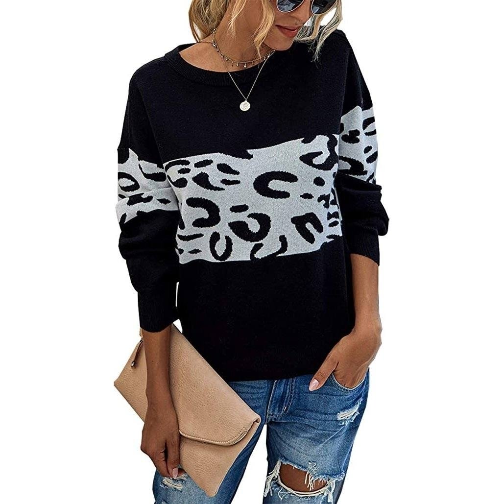 Women s Long Sleeve Off Shoulder Knitted Leopard Print Sweater Image 1