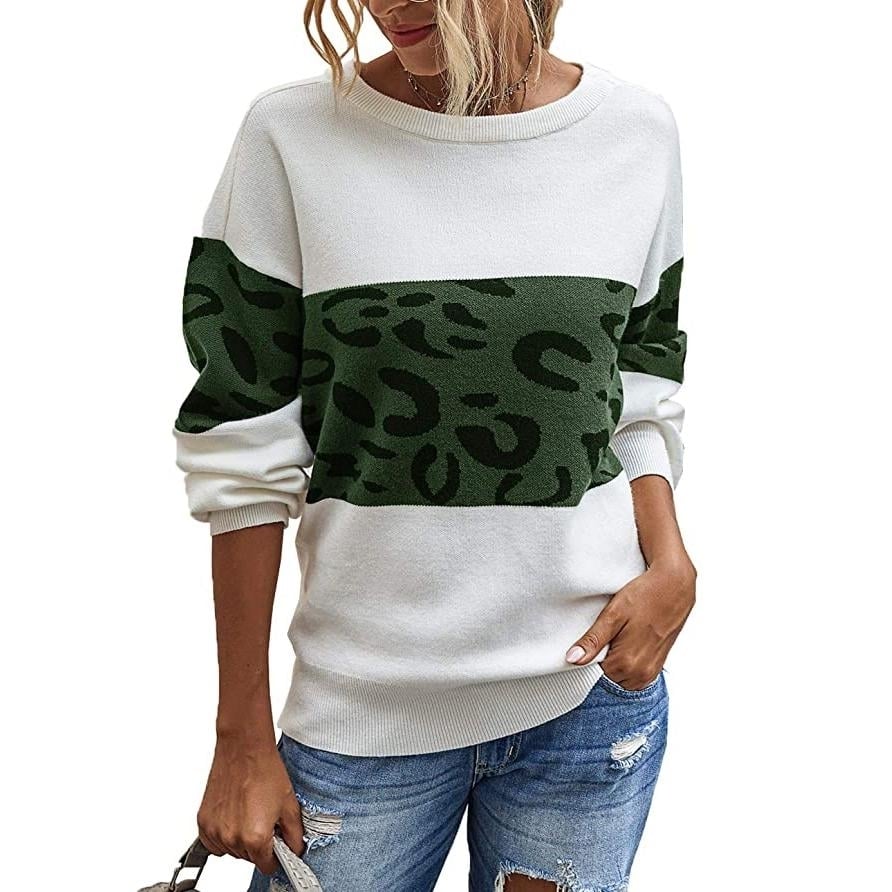 Women s Long Sleeve Off Shoulder Knitted Leopard Print Sweater Image 2