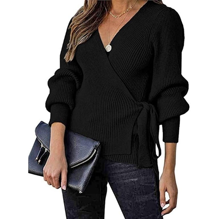 Women s V Neck Balloon Sleeve Ribbed Wrap Chunky Knit Tunic Top Image 1