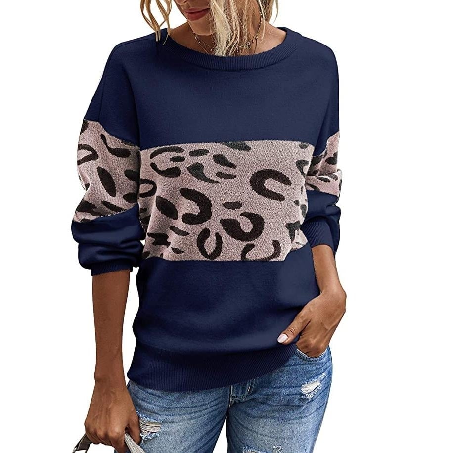 Women s Long Sleeve Off Shoulder Knitted Leopard Print Sweater Image 3