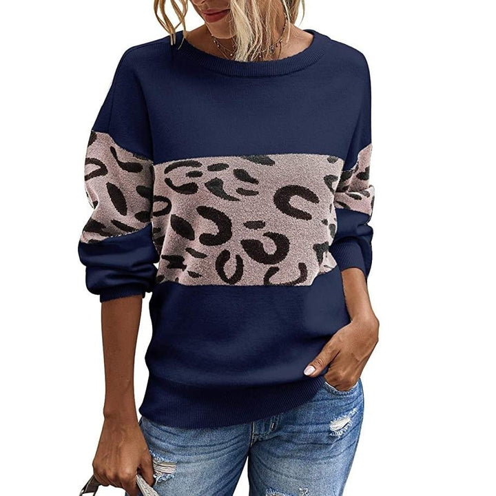 Women s Long Sleeve Off Shoulder Knitted Leopard Print Sweater Image 3