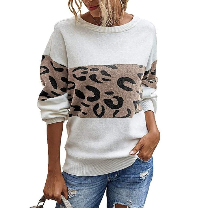 Women s Long Sleeve Off Shoulder Knitted Leopard Print Sweater Image 1